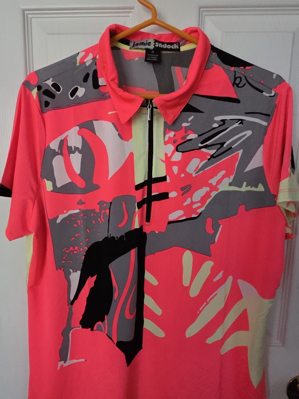 Jamie sadock Neon Pink & Gray Abstract Zip Polo